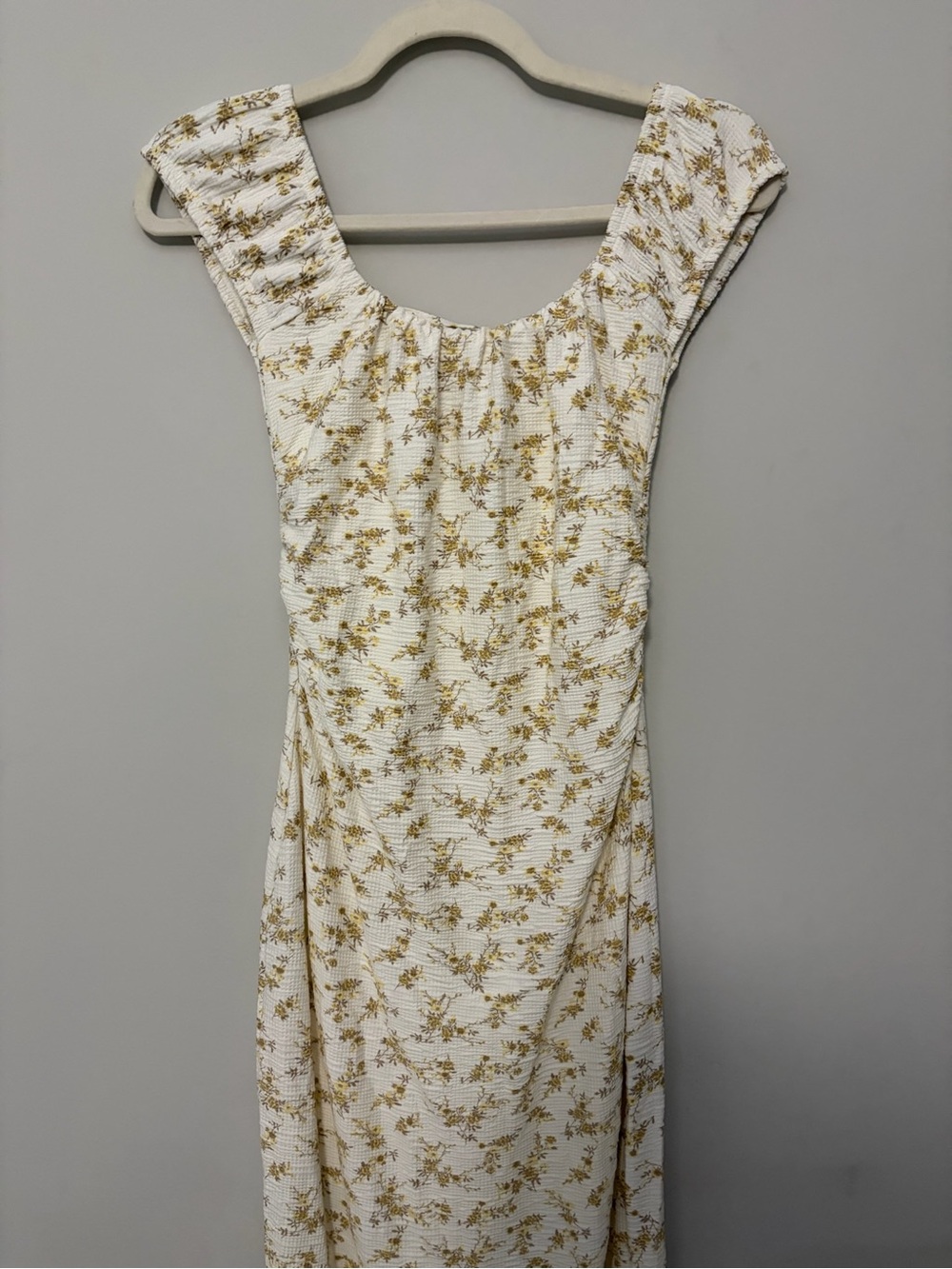 Scoop-Neck White Maxi Dress with Mustard Floral Print